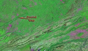 Satellite image of the Appalachian Mountains in the vicinity of Pound Gap and the Pine Mountain Thrust.