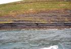 West end of Rehy Cliffs showing a thin bedded inter channel area at western feather edges of deepwater channel wings. Overlying a filled channel in mid section are downlapping clinoformed sands of interior channel margin. Ross Formation sands probably in mid fan position on edge of the fan body.