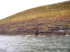 Rehy Cliffs thin bedded interfingering inter channel sands overlying a sandstone body representing an amalgamated deepwater channel fill just above the present sea level, highlighted by gull droppings. Ross Sandstone Formation probably in mid fan position towards center of fan body.